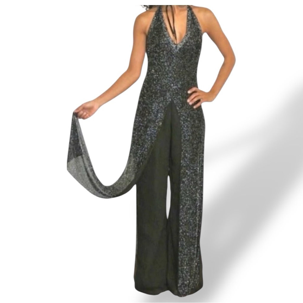 Scala Black Beaded Silk Sequin Jumpsuit Dress Wide Leg Overskirt Formal Size Xs